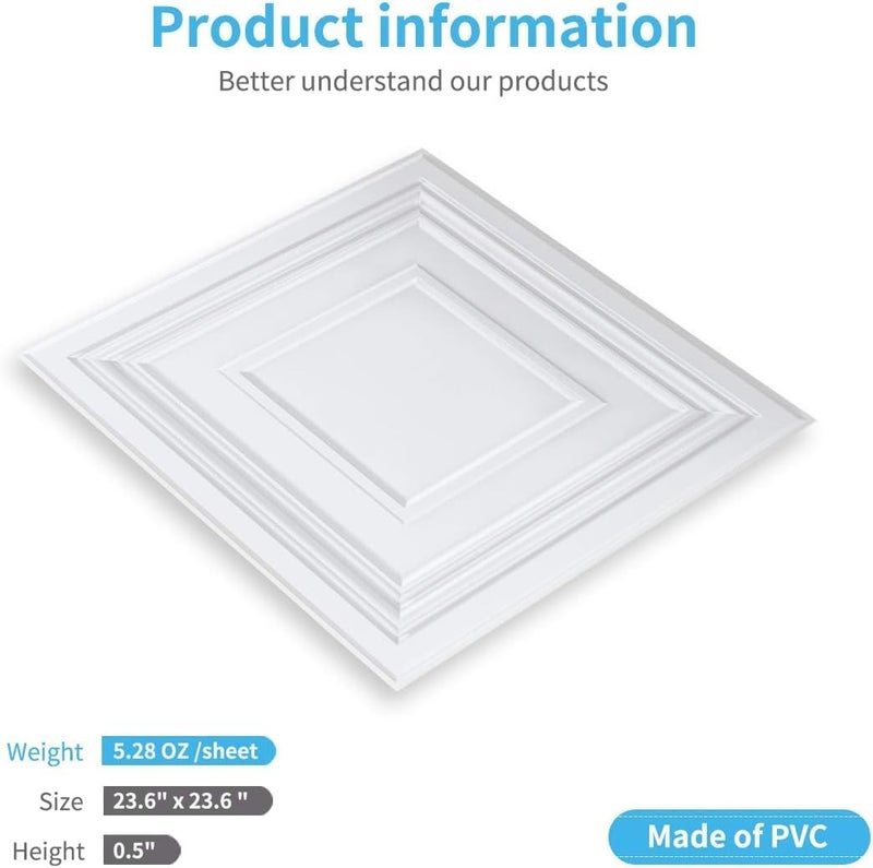 Art3d بلاط سقف معلق 24x24 بوصة (12 عبوة، 48 قدم مربع) – بلاط سقف PVC لاصق 2x2 قدم، لوحات سقف زخرفية للمطبخ، غرفة المعيشة، المكتب والمنزل، أبيض - Image 3